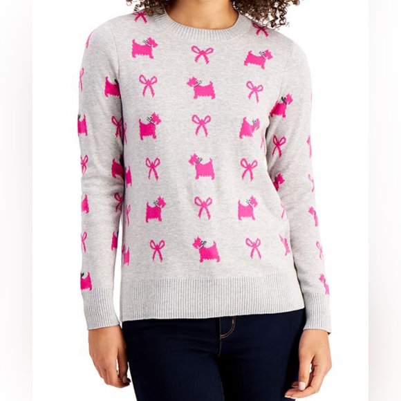 Charter Club Gray Sweater with Pink Dog and Bow Design Size S Petite - Picture 1 of 12